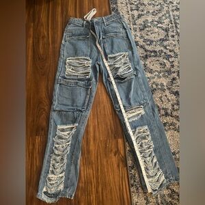 Distressed Light Blue Ripped Patchwork Jeans